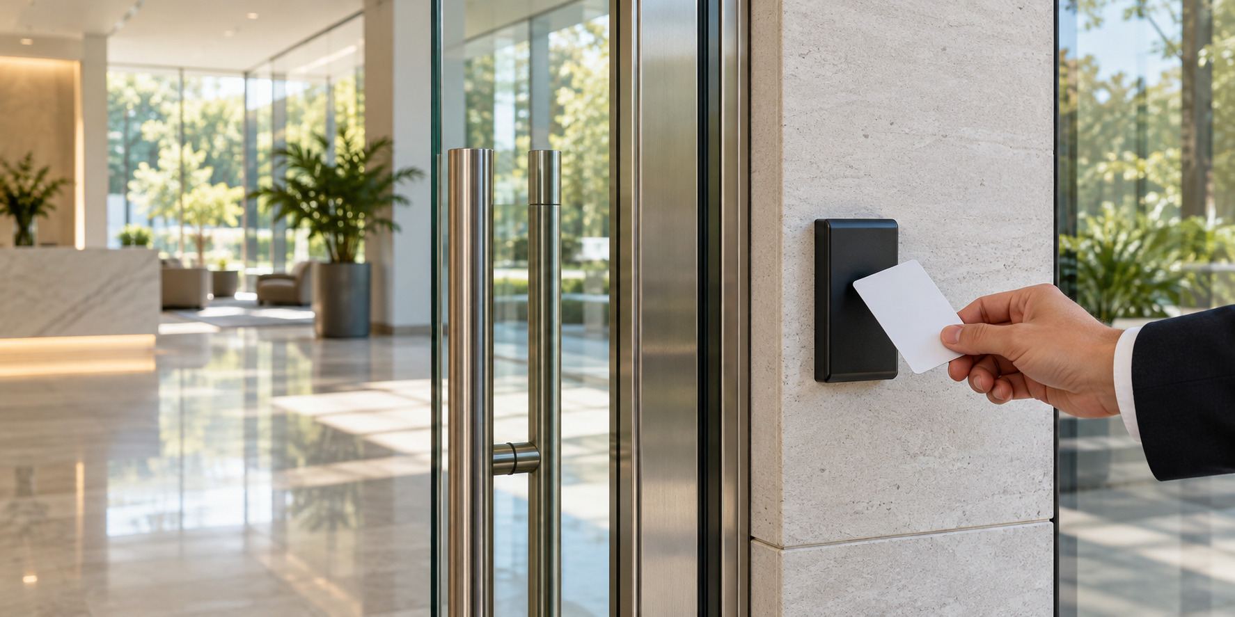 Illustrative electronic badge reader at a commercial entrance