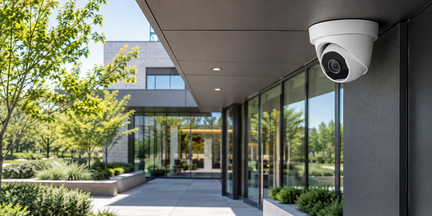 Illustrative security camera mounted outside a commercial building