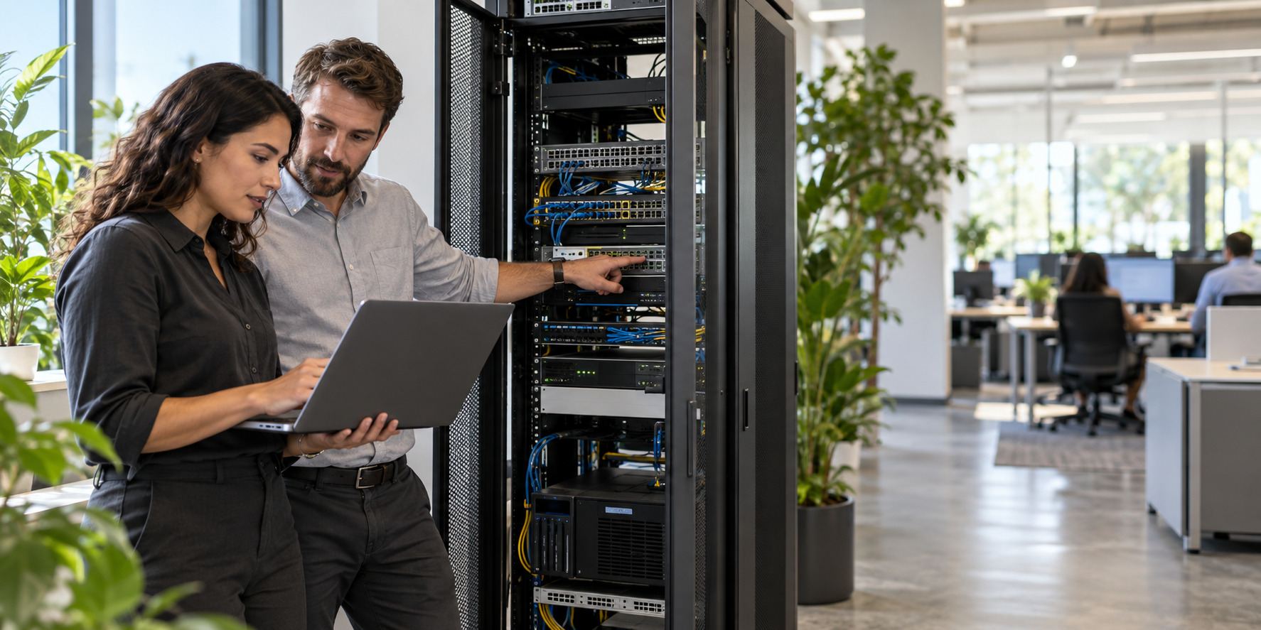 Illustrative internal and partner IT specialists working together near a network cabinet