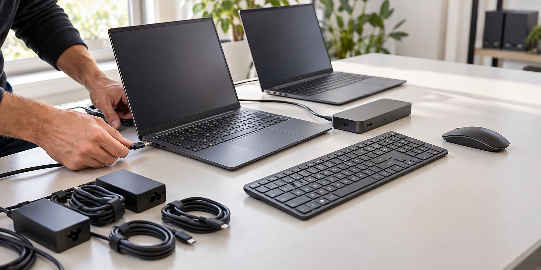 Illustrative technician preparing business laptops and docking equipment