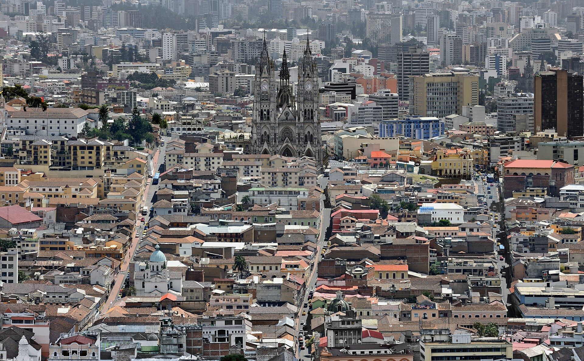 Quito cityscape and basilica in Ecuador