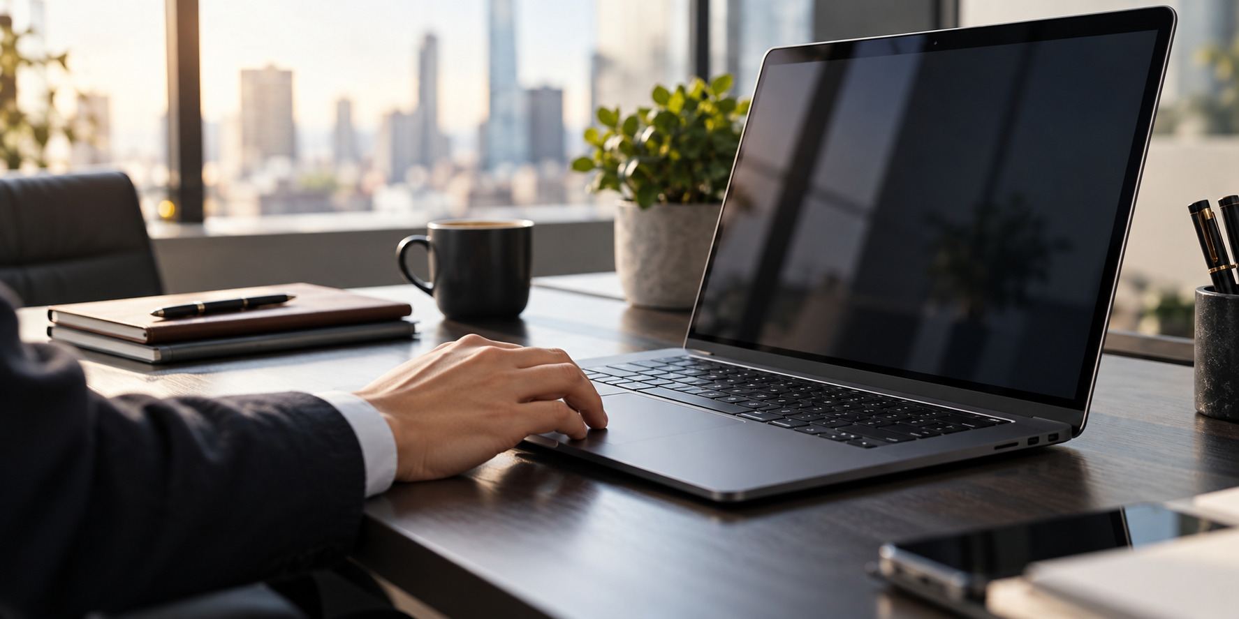 Illustrative business laptop at an employee workstation