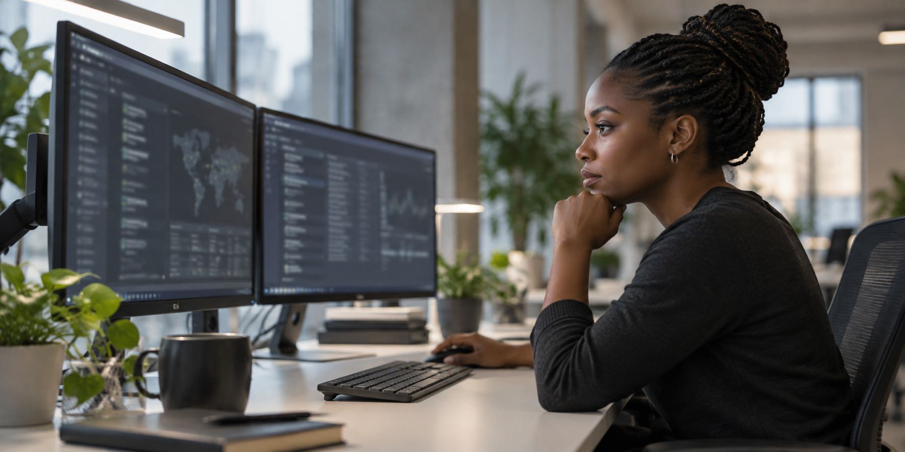Illustrative security analyst reviewing workstation monitors