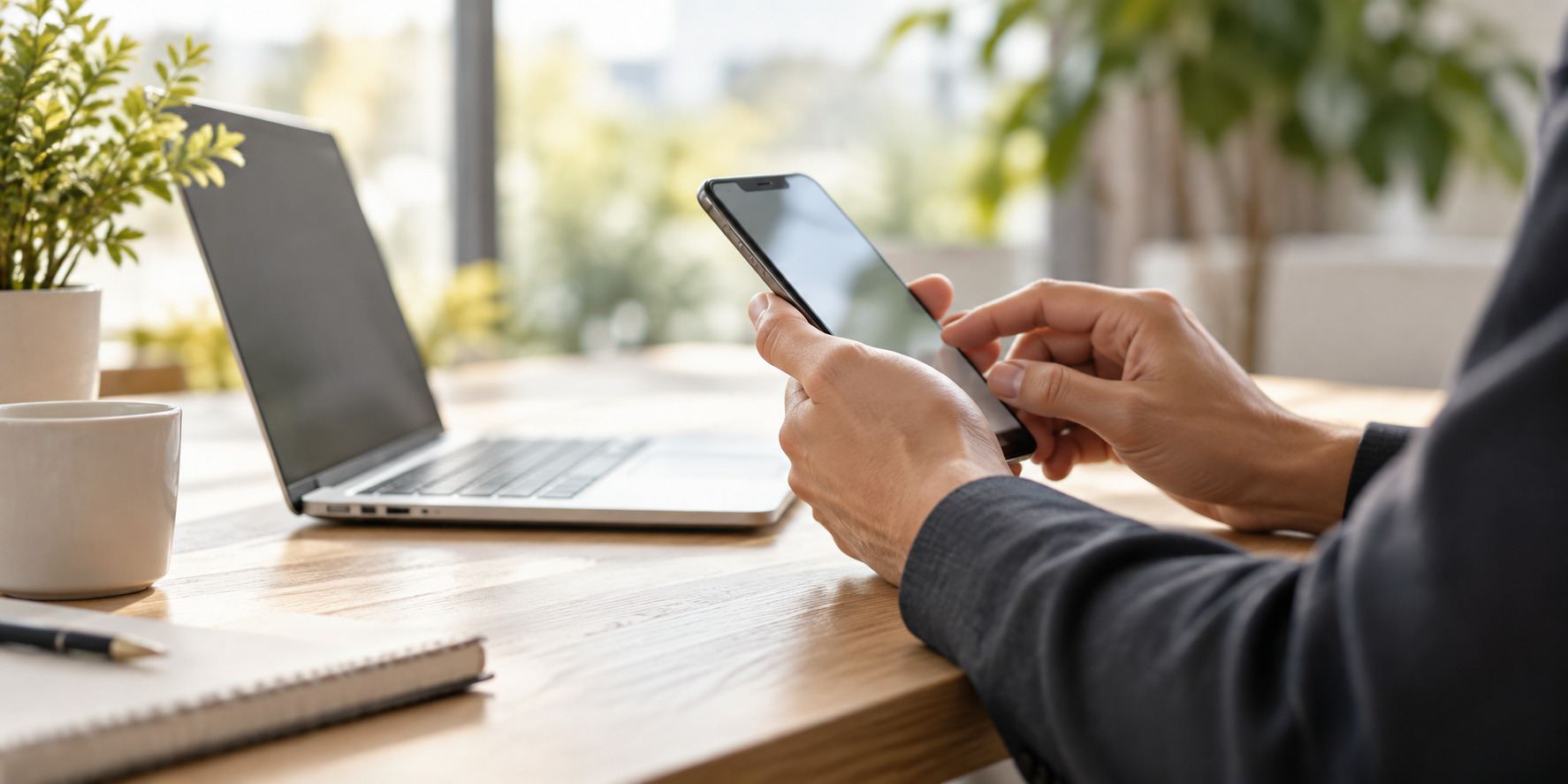 Illustrative mobile device used alongside a business workstation