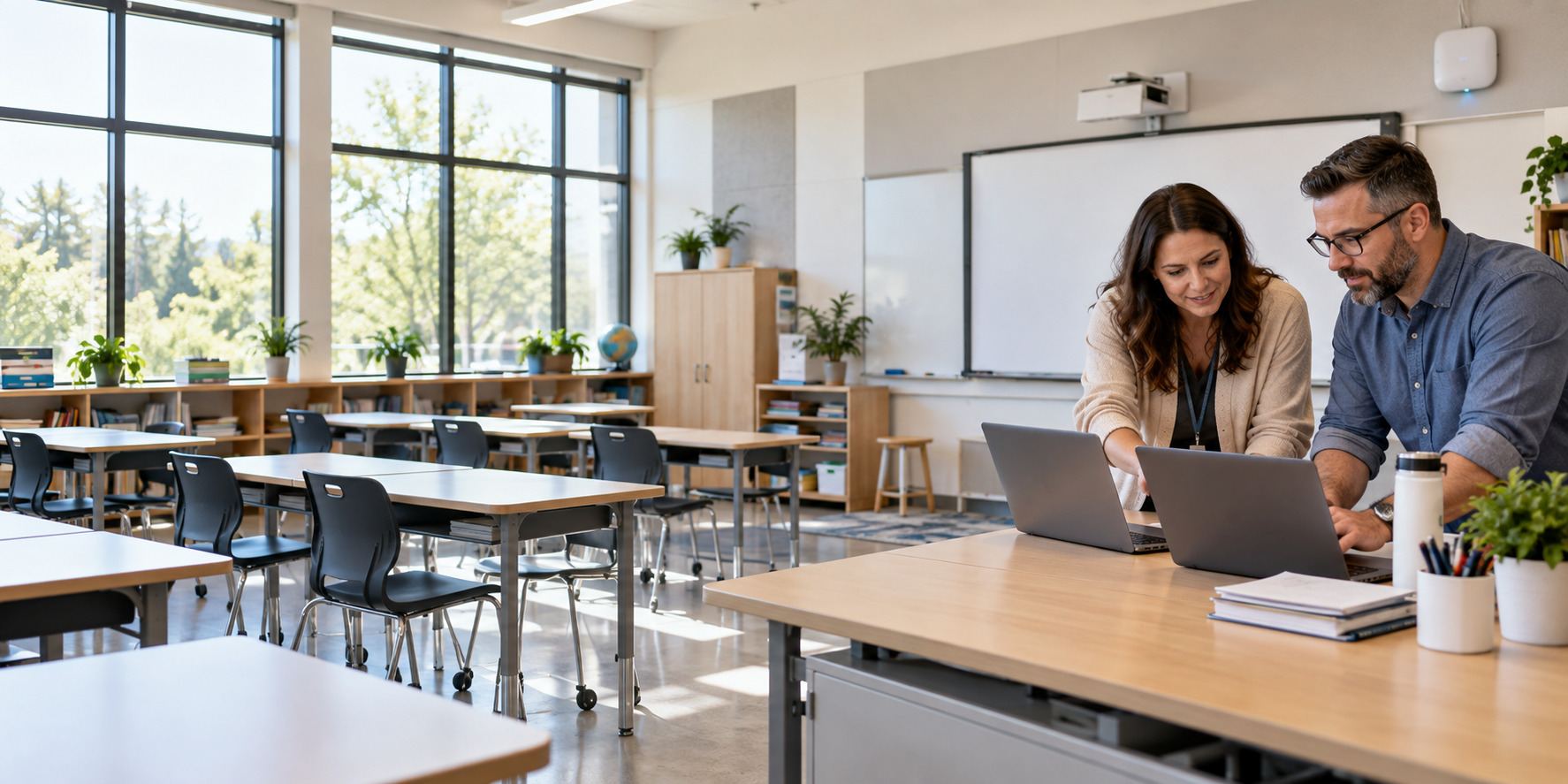Illustrative educators reviewing a laptop in a contemporary classroom
