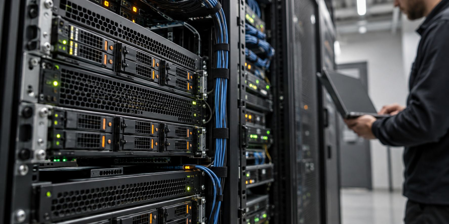 Illustrative server hardware with a technician working in the background