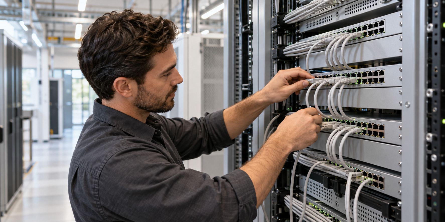 Illustrative technician configuring network equipment in a structured cabinet