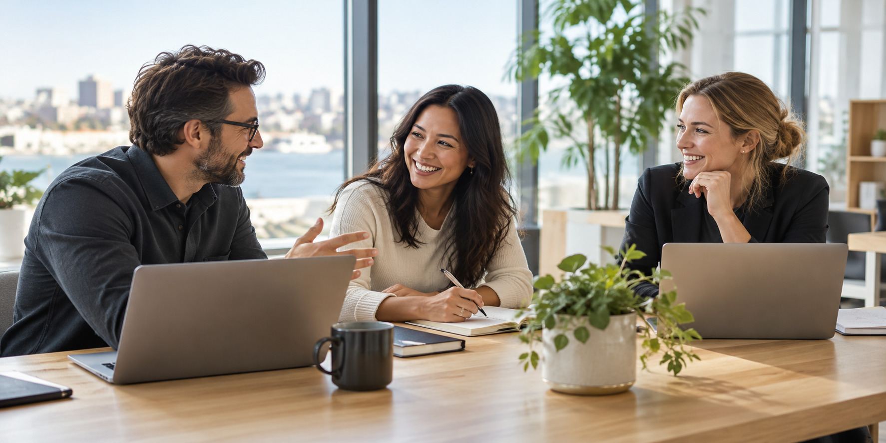 Illustrative office team collaborating around a laptop